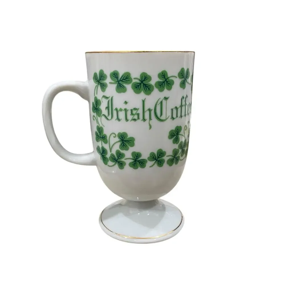 Funny 1970s Shamrock Irish Coffee Mug Lucky Clover White Porcelain Cup Gold Trim